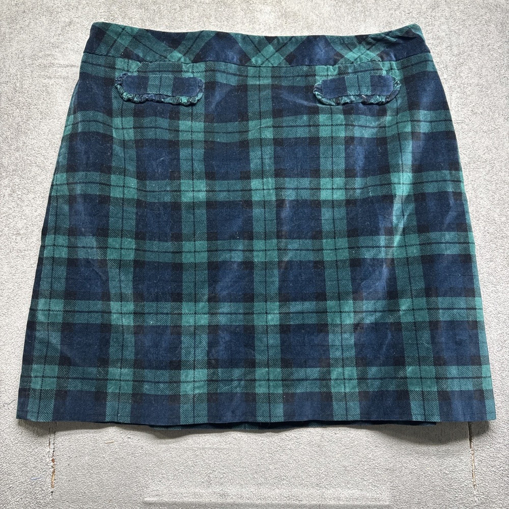 Talbots tartan velvet plaid skirt blue green preppy holiday style size 16
